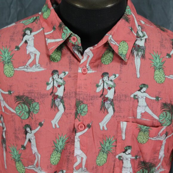 Button Down Surf Shirt - Pink with Hula Grils by Psycho Tuna - Men's XL - Picture 2 of 10